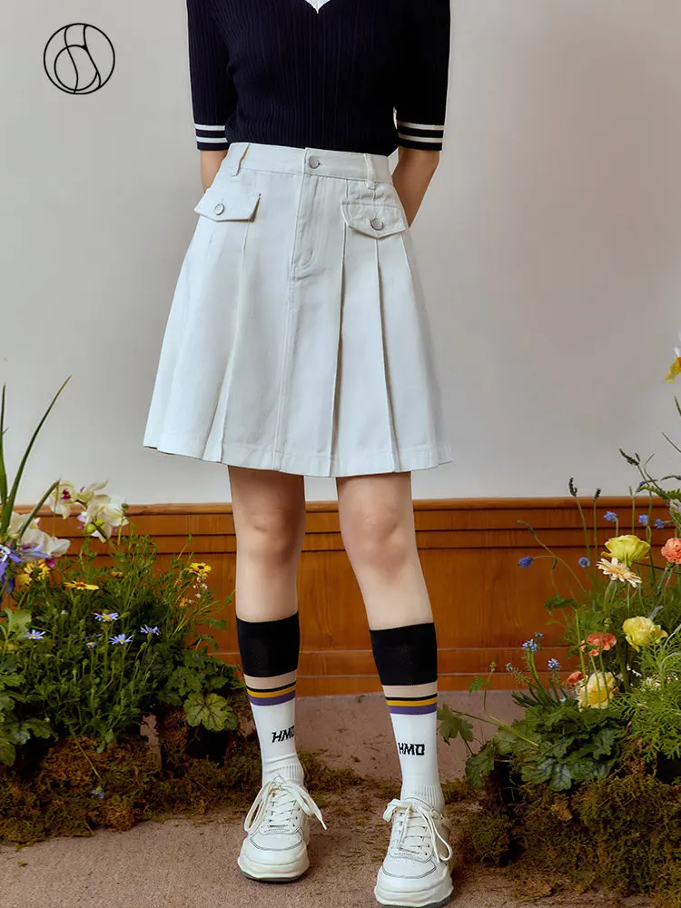 DUSHU Retro American Style Pleated Split High Waist Denim Skirt for Women Summer New Design A-Line Umbrella Skirt Female