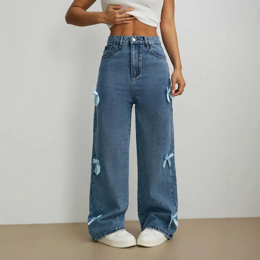 Y2K American Bow Washed Jeans Street Loose Straight Leg Wide Leg Pants 4