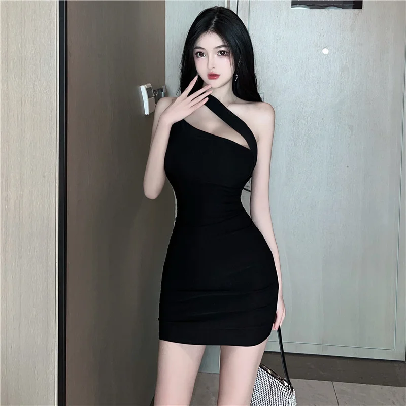 

#4320 sleeveless Dresses Women Summer Trendy Slim Black Sexy Simple Off The Shoulder Street Style Casual Mature Solid Ladies