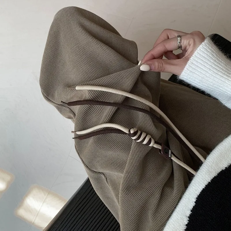 Autumn and Winter Women's Elastic Belt Solid Color Pocket Drawstring High Waist Strap Fashion Sports Casual Loose Pants