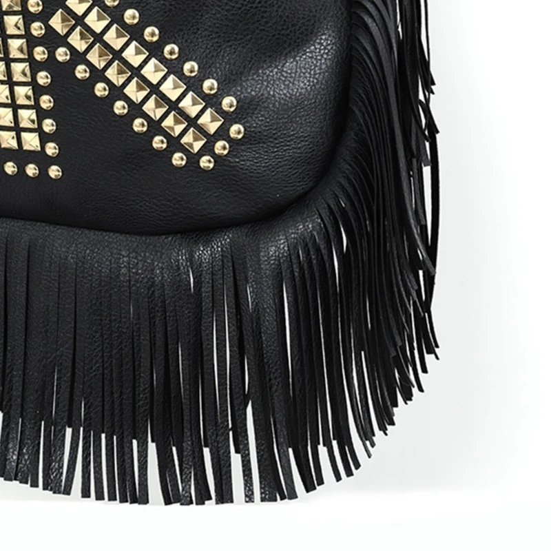 Soft Leather Crossbody Bag Shoulder Bag for Women Girl Versatile Fashion Trendy Bag Rivet Chain Bag Fringe Designed Bag E74B