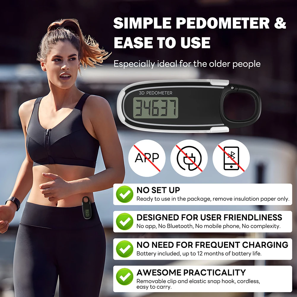 3D Pedometer Clip On Step Counter Portable Digital Pedometer Accurate Step Tracker Electronic for Adults Kids Seniors