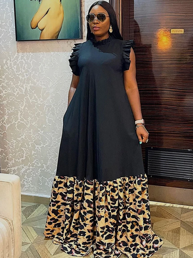 African Dress Long African Maxi Dress Women Leopard Print Patchwork Robes Africa Clothing Summer Fashion Streetwear