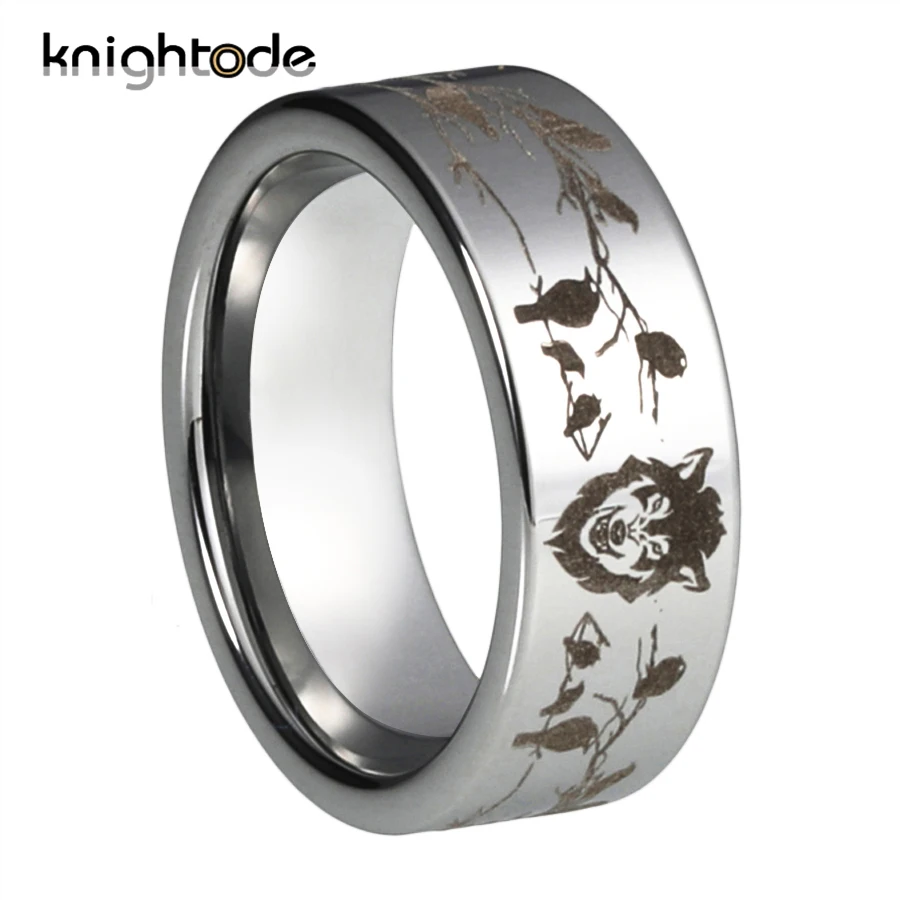 

8mm Wolf Head Tungsten Carbide Rings Flat Band Engraving Fashion Party Men Women Jewelry Thumb Polished Shiny Comfort Fit