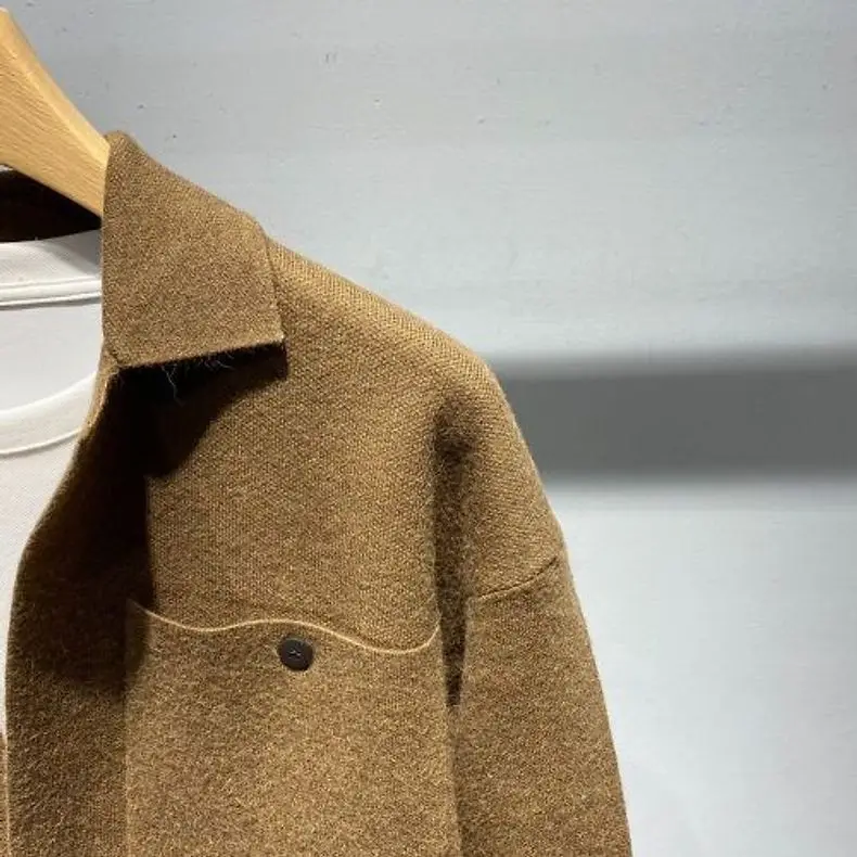 Mens Knit Cardigan Shirt Collar Open Front Solid Color Pocket Japanese Loose Fit Spring Summer