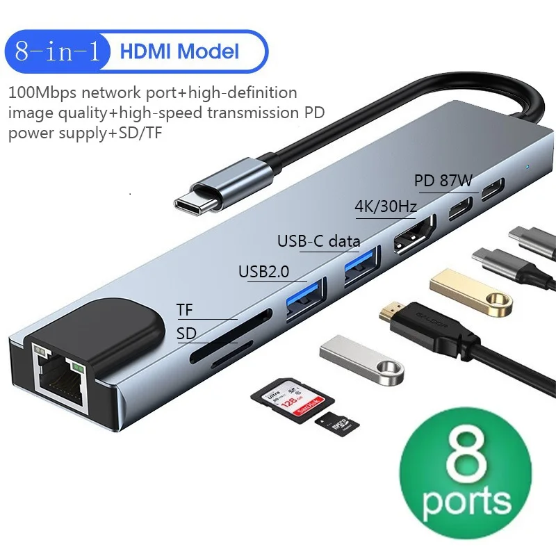 8in1 USB C 3.0 Hub Type C Laptop Adapter to 4K HDMI-Compatible 100M RJ45 Ethernet SD/TF Card PD USB 3.0 Dock Station Splitter