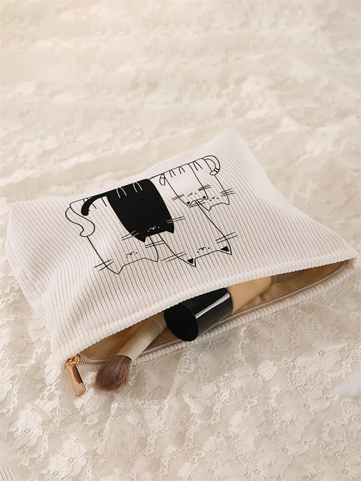 1 cat patterned corduroy makeup bag, lightweight zipper makeup storage box, multifunctional bag with lining