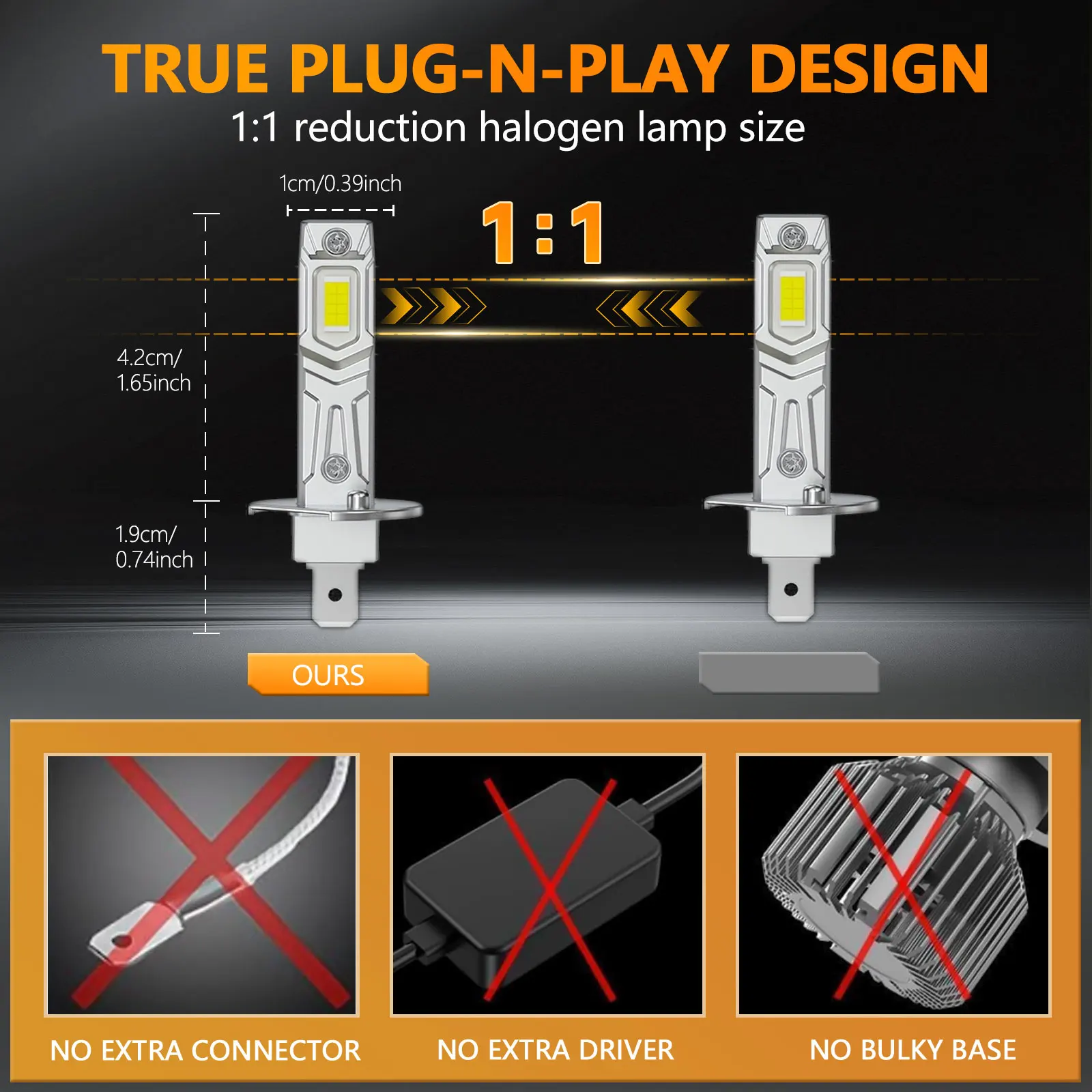 2pcs LED 조명 전구 30000LM H1/H3 LED 자동차 헤드라이트 Canbus 1:1 크기 디자인 무선 팬리스 자동차 램프 6500K 12V 24V 전구