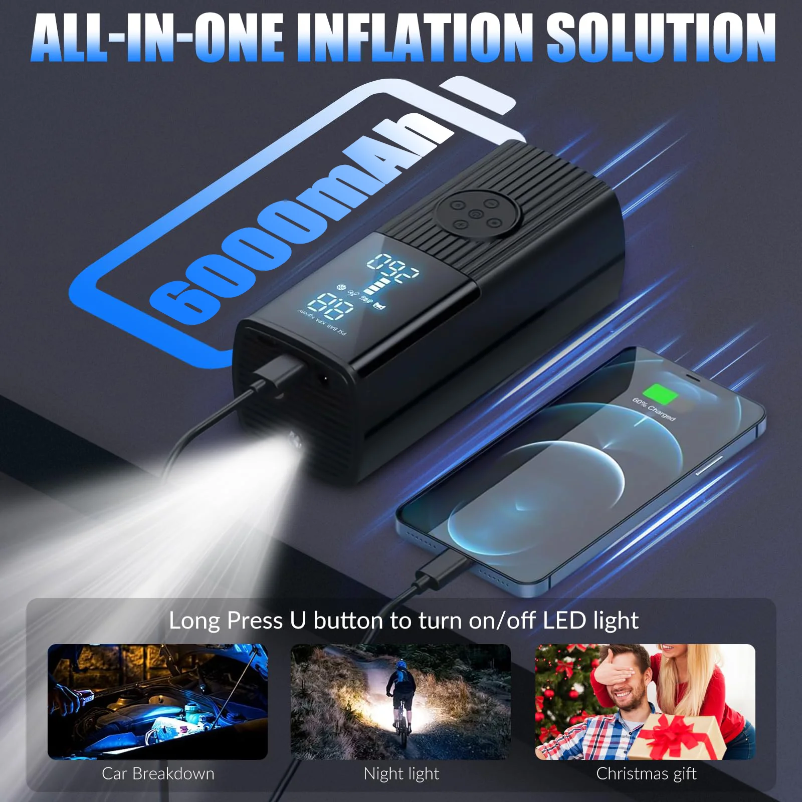 2024 최신 60000mAh 타이어 공기 인젝터, 100L/min 공기 인젝터, 휴대용 전기 팽창기, 자동차 용 공기 압축기, 자동차 타이어 압력