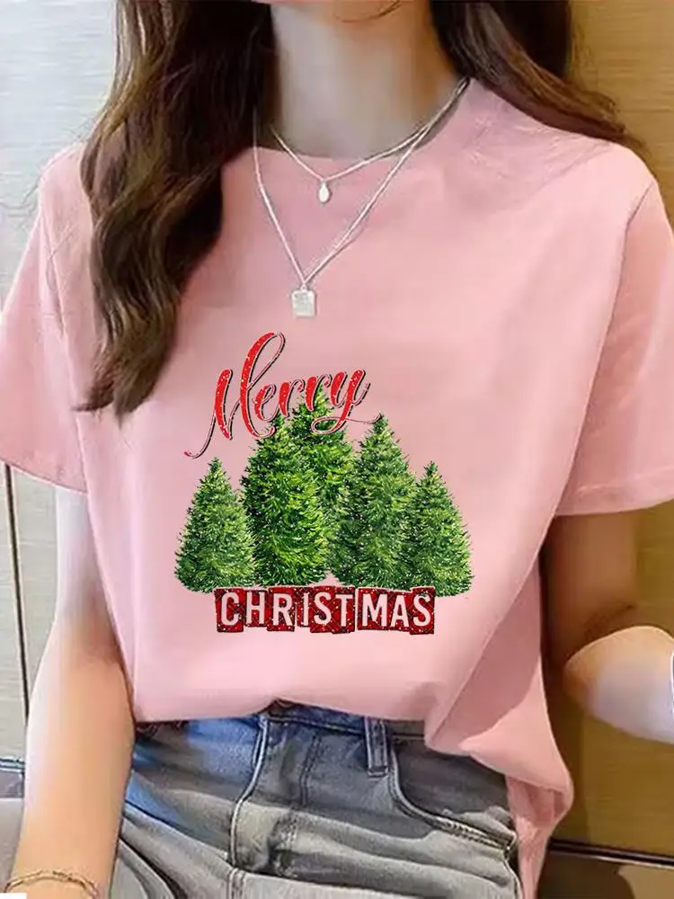 Tree Merry Christmas Fashion T Shirt Clothes Holiday Print Top New Year Cute Women Female Graphic T-shirt Ladies Clothing Tee