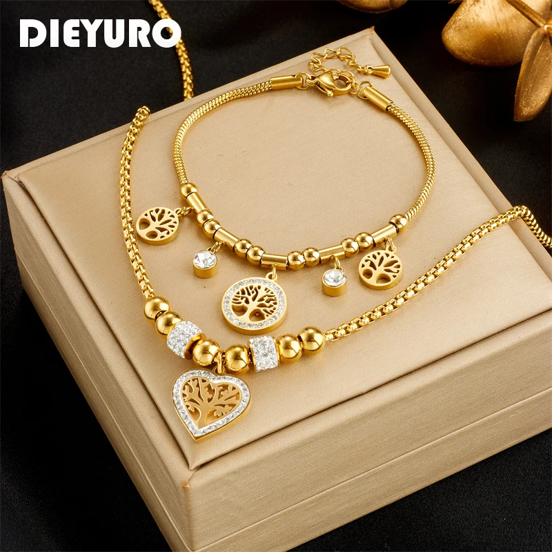 DIEYURO 316L Stainless Steel Round Heart Tree Charm Necklace Bracelet For Women Girl New Trend Zircon Choker Chain Jewelry Set