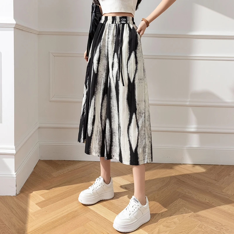 Vintage Tie Dyed Velvet Baggy Pants Women Summer New Fashion High Waist Elastic Loose Wide Leg Pants