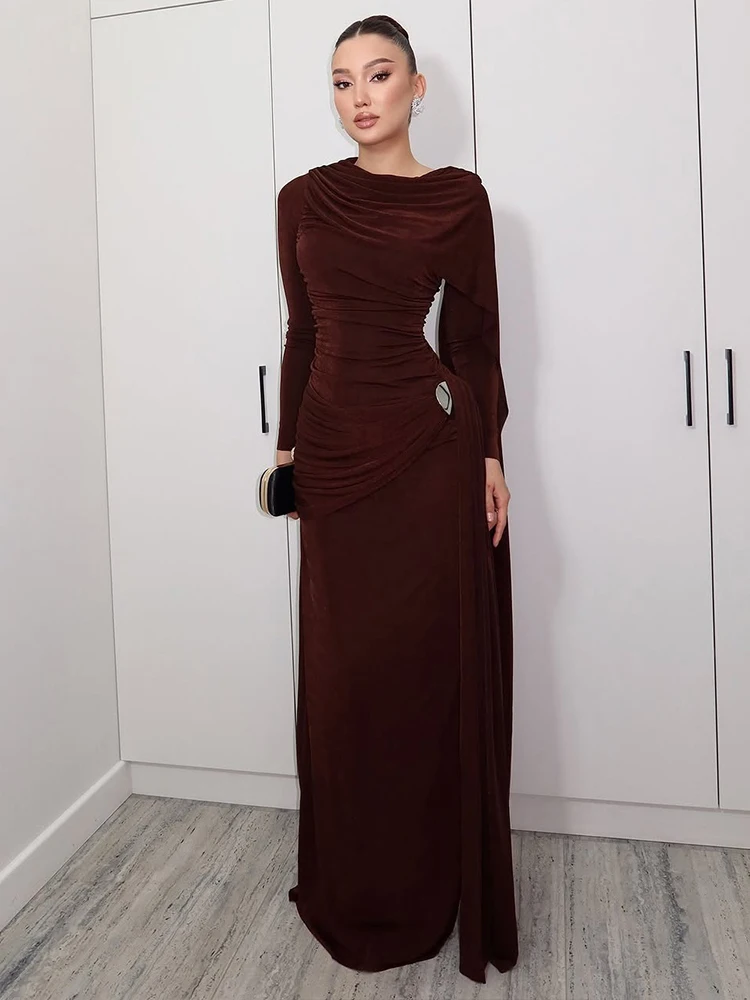 Nibber Fashion Ruched Casual Maxi Dress Woman Elegant o-Neck Full Sleeve Ribbon Decoration Daily Versatile Style Skinny Vestidos