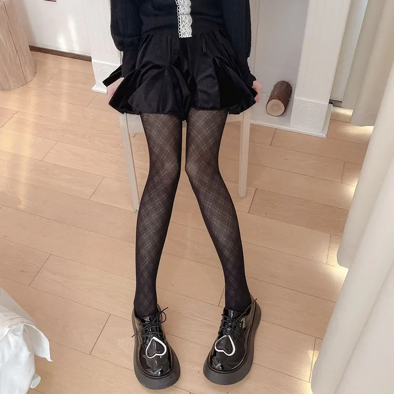 JK Lolita Girls Tights Pantyhose Women Ultra-thin Nylon Thigh High Stockings Pantyhose Y2k Japan Style Black Plaid Tights Women