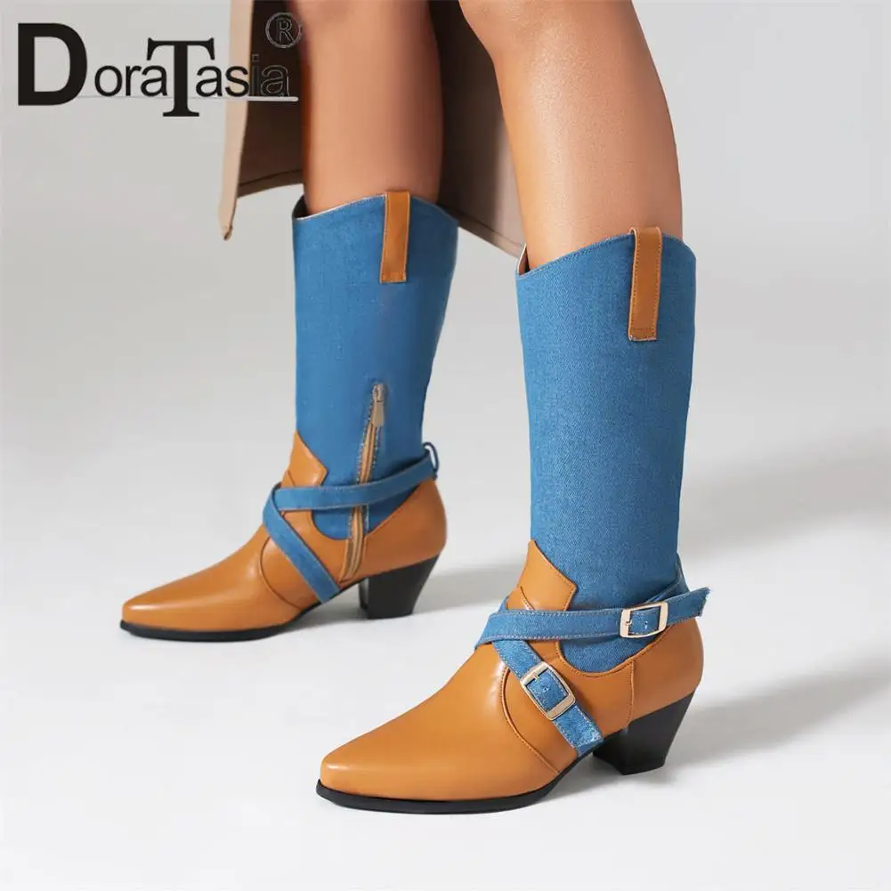 

Brand New Ladies Pointed Toe Cowboy Boots Fashion Buckle Mixed Colors Chunky Heel women's Cowgirl Boots Party Office Woman Shoes