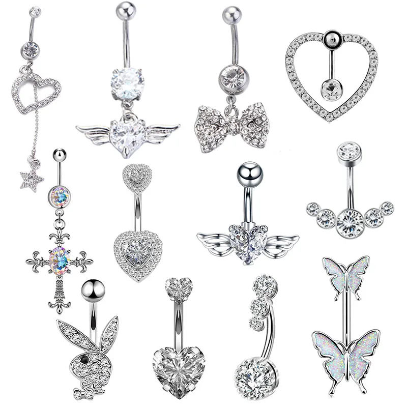 New Sexy Dangling Navel Belly Button Ring 14G Double Round Heart Cubic
