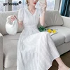 Summer New Pure Cotton V-neck Embroidery Elegant Fashion White Dresses Ladies Short Sleeve Waist Sweet Robe Dress Female Vestido 1