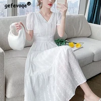 Summer New Pure Cotton V-neck Embroidery Elegant Fashion White Dresses Ladies Short Sleeve Waist Sweet Robe Dress Female Vestido 1
