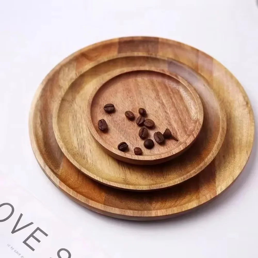 Retro Solid Wood Dinner Plates Round 13-38cm Serving Platter Tray Wooden Tea Tray Plate For Food Snack Dishs 4