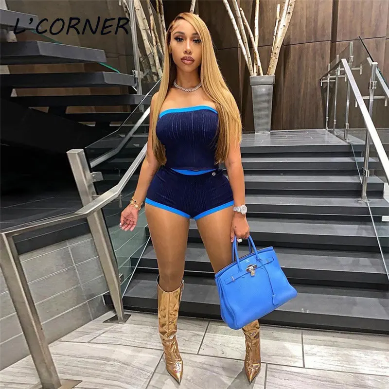 

Summer Fashion Two Piece Set Women Solid Panelled Patchwork Wrapped Chest Tops + High Waist Slim Shorts Female Streetwear