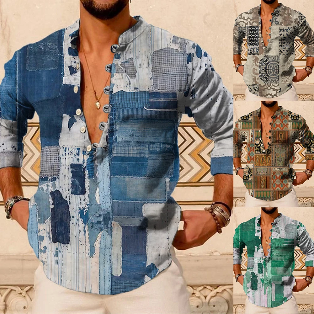 

Vintage Men Casual Printed Long Sleeve Button Down Henley V Neck Tops Blouse Retro Dress Shirt Male Clothing Vacation Beachwear