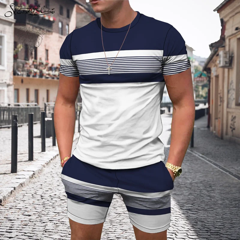 New Summer Men Tracksuit Sets Fashion 2022 Clothing For Male Oversized Casual Top Stripe Print T-Shirt+Shorts Suit Streetwear 2022 new men s t shirt shorts set summer breathable casual t shirt running set fashion harajuku 3d printed male sport suit