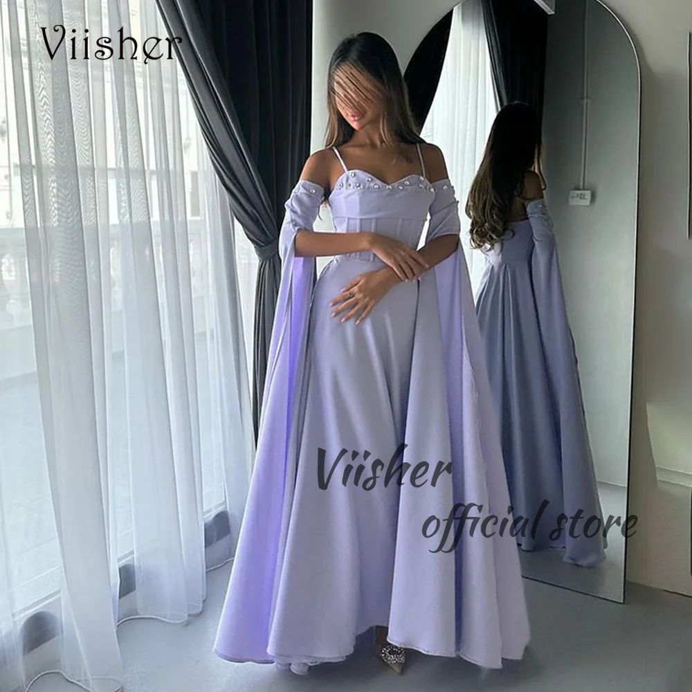 

Viisher Lavender Satin A Line Evening Dresses Spaghetti Straps Beads Sweetheart Prom Party Dress Floor Length Formal Gowns