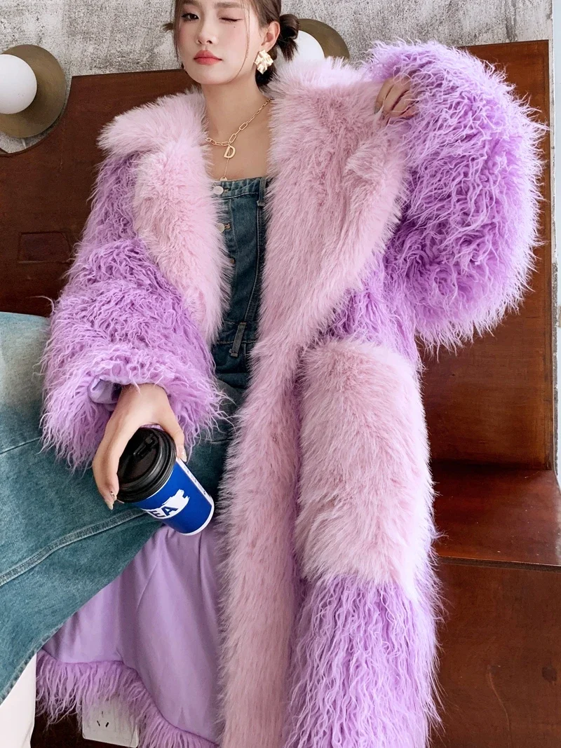 Cherry Blossom Pink Faux Fur Long Loose Large Lapel Furry Coat Women's Lamb Fur Large Pocket Coat Cotton Padded Thick Overcoats