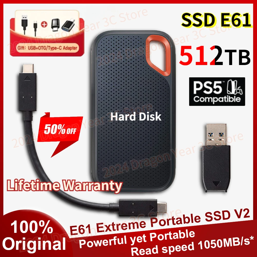 

Original Extreme Portable SSD V2 1TB 2TB External Solid State Drive USB 3.1 Type-C Hard Disk Compatible For PC MAC TV Phone Disk