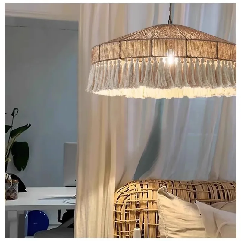 

Vintage Bohemian LED Hanging Light with Tassel Rope for Dining Room, Bedroom, Cafe and Japanese-style Cream-colored Inn