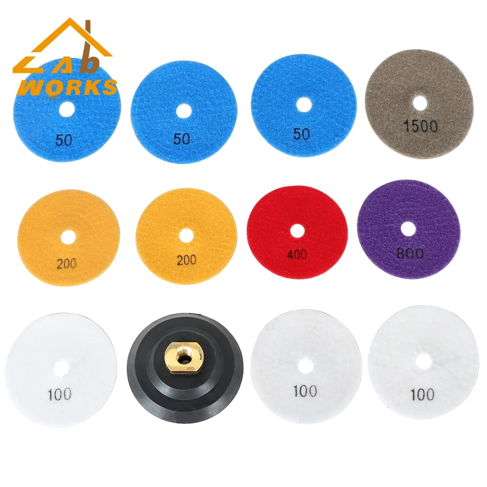 

12 Pack 4" Diamond Polishing Pads Wet/Dry Set of 11+1 Backer Pads For Concrete