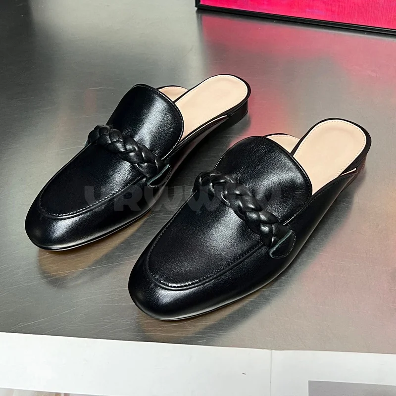 

Women Slippers Spring Autumn 2023 New Solid Colors Round Toe Unique Weave Decor Chunky Heel Shoes Versatile Fashion Slippers