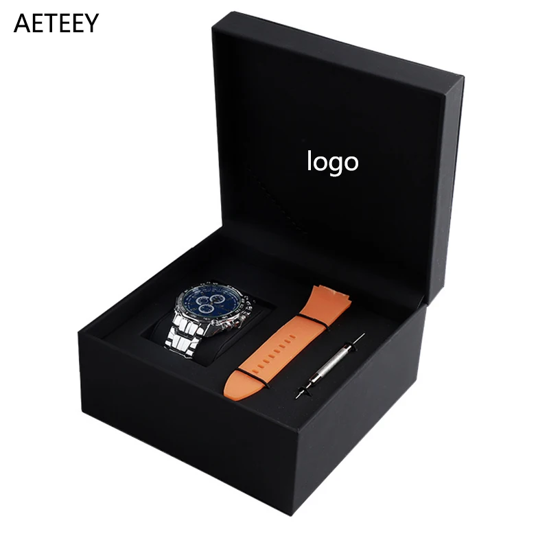 

Watch Gift Packing Box with Watch Band Adjuster Tools Watch Case Pu Flap Black Watch Box Single Organizador Free Custom Logo