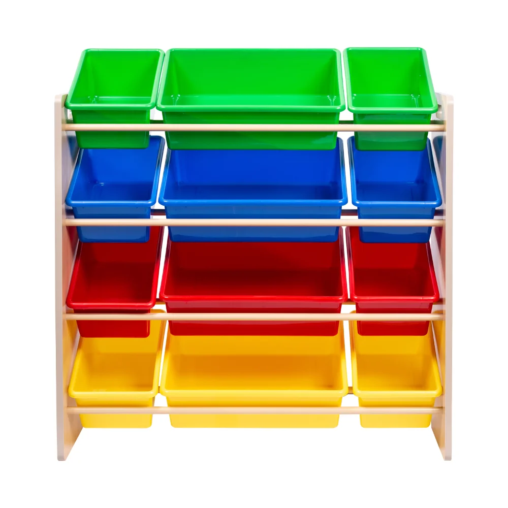 

Kids Toy Storage Organizer With 12 Plastic Bins, Natural