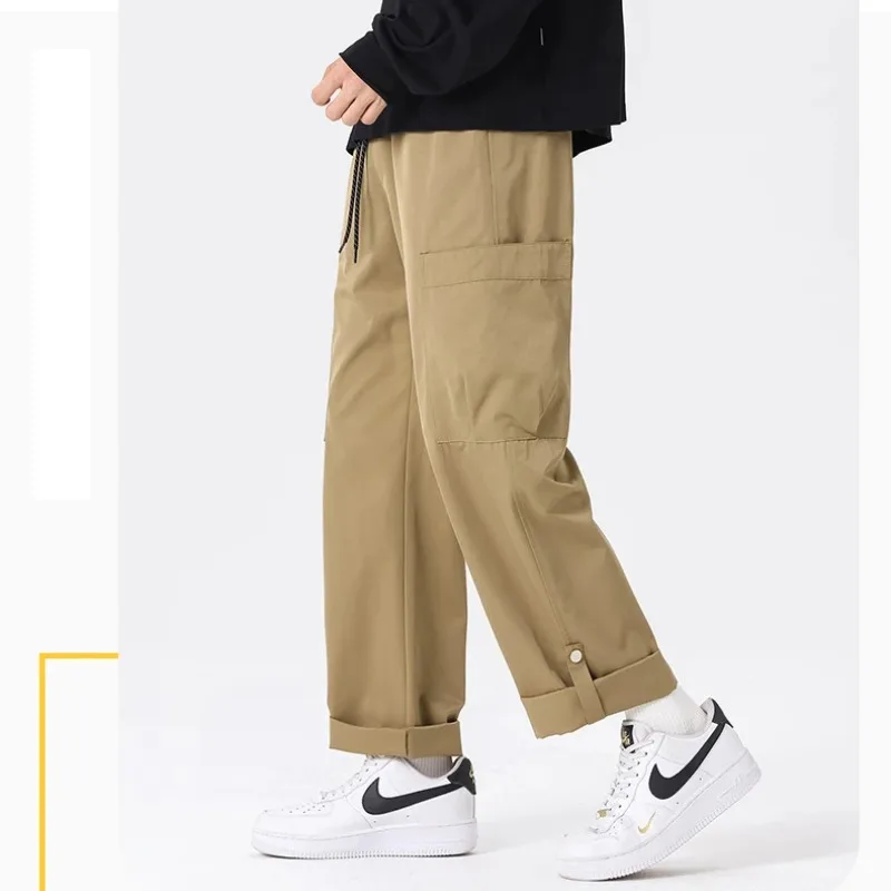 Spring Autumn Men's Pockets Solid High Waisted Elastic Casual Loose Straight Leg Trousers Casual England Style Vacation Pants