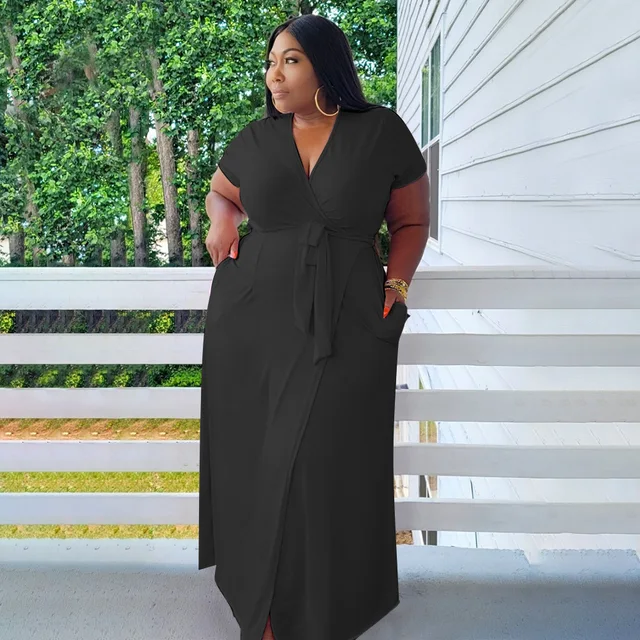 Summer Plus Size Women Clothing Summer Temperament Maxi With Belt Short  Sleeve High Stretchy Dresses Loose Prom Dress Wholesale - Plus Size Dresses  - AliExpress