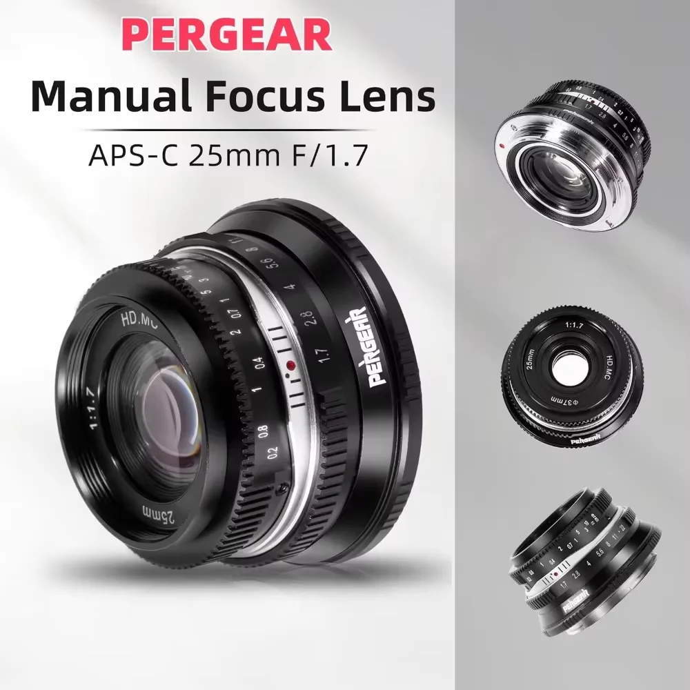 Pergear 25mm F1.7 Manual Camera Lens APS-C for Fuji X Canon