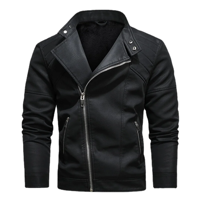 Men's Motorcycle Leather Jacket Fleece Fashion Stand Collar Slim Fit Zipper Trends Coat Autumn Winter Warm Faux Leather Outwear