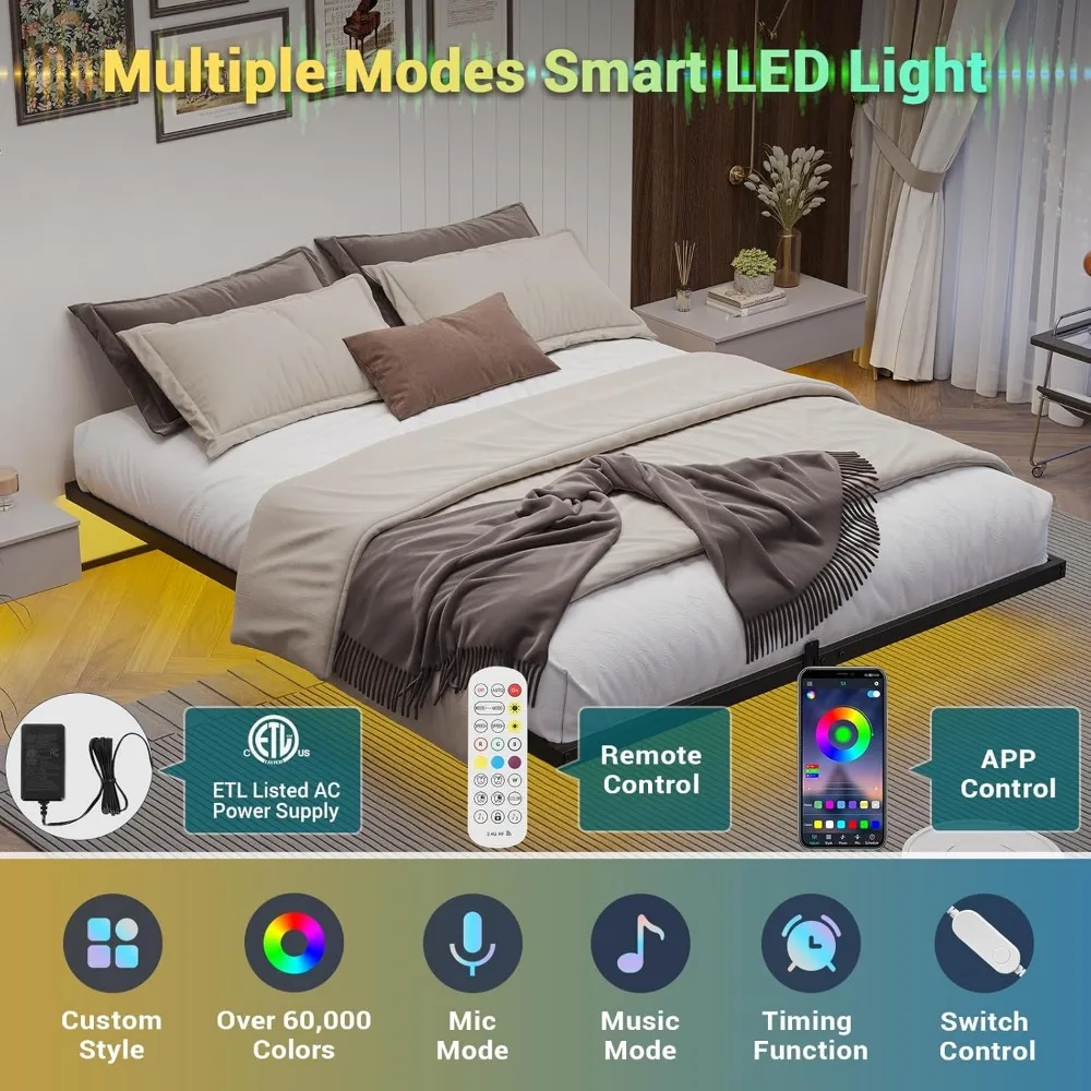 Floating Bed Frame Full Size with LED Lights, Metal Platform Full Bed, No Box Spring Needed, Easy to Assemble 4