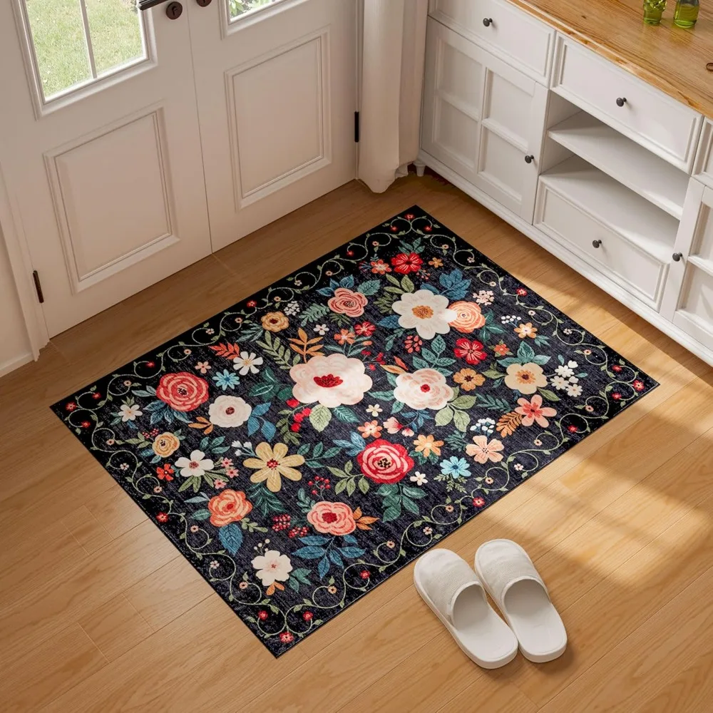 2x3 Rugs for Entryway, Floral Indoor Washable Door Mat, Non Slip Boho Small Rug for Kitchen, Soft Low Pile, Front Door Throw Ru