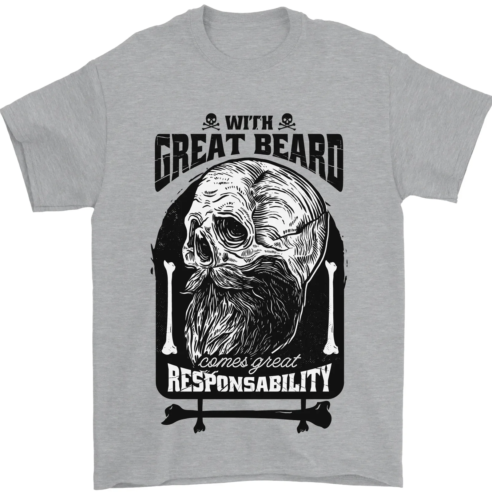 

Great Beard Comes Great Responsibility Skull Mens T-Shirt 100% Cotton Short sleeve T-shirt for summer couples