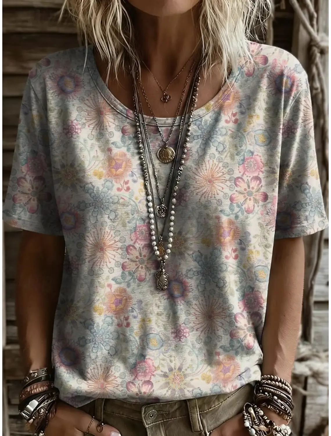 Damen-T-Shirt mit Vintage-Blumen- und Pflanzenmuster, Rundhalsausschnitt, kurze Ärmel, stilvolle, lässige, normale Oberteile, tägliches Wochenend-Outfit, Frühling und Sommer