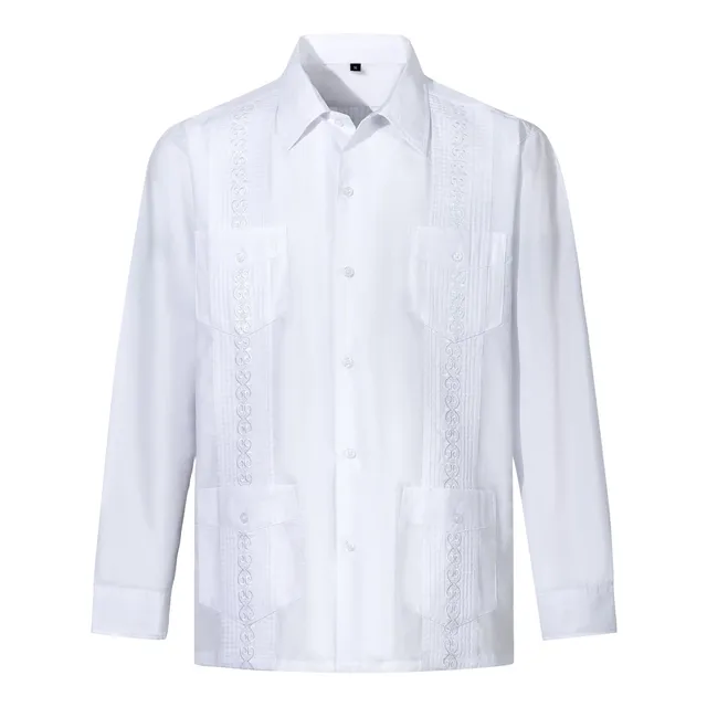 Men's Guayabela Striped Shirt With Long Sleeves Four Pockets Shirt Button Up Shirts Solid Casual Business Formal Dress Shirt