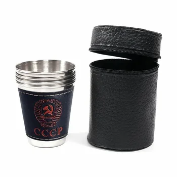 4pcs Outdoor Travel Cups Set Camping Tableware Stainless Steel Cup with PU Leather Portable Coffee Wine Beer Whisky Cup