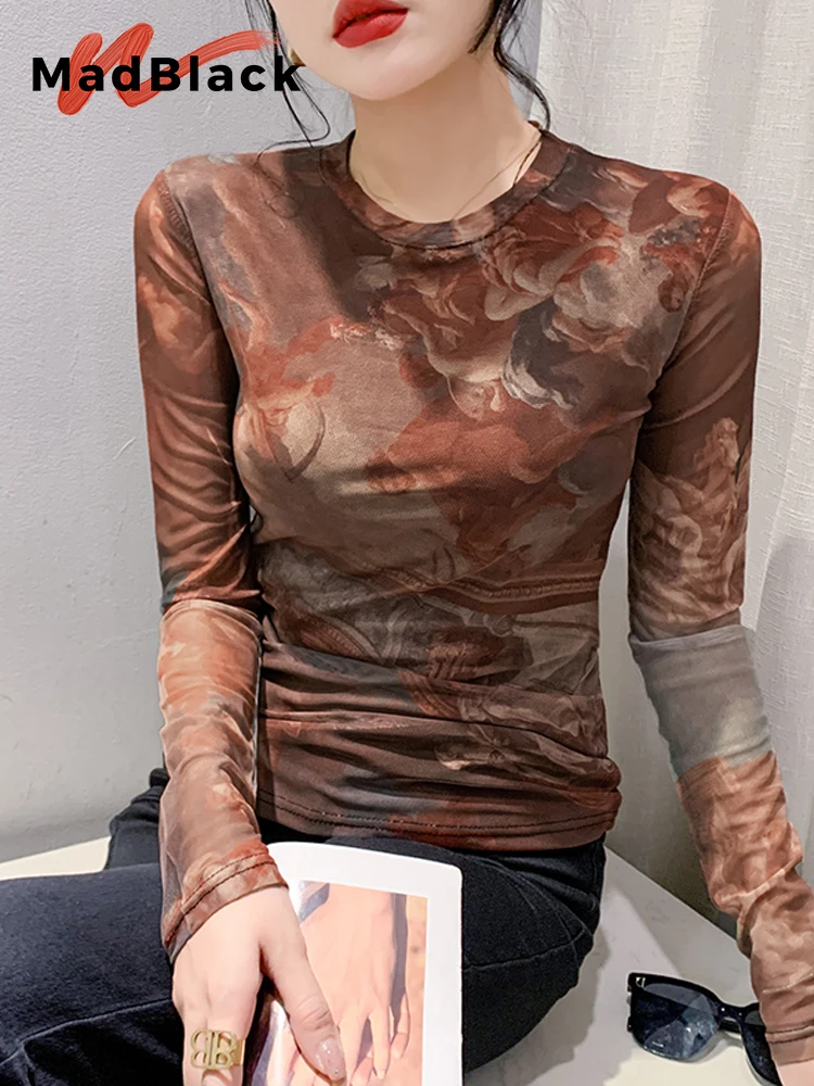 

MadBlack European Clothes Tshirt Women O Necks Print Mesh Slim Top Long Sleeve Sunprotect Basic Tees New Spring Autumn T38733JC
