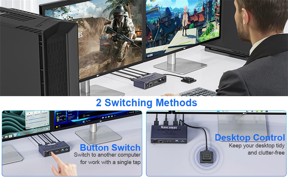 2K 240Hz HDMI KVM Switch 2 Monitors 2 PCs 4K 240Hz USB 3.0 8K Docking Station Sh