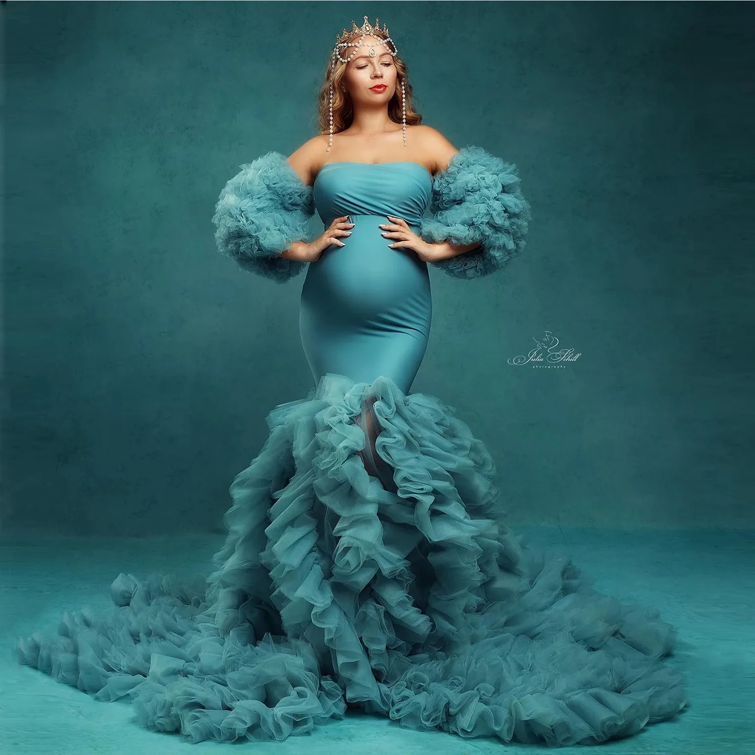 

Teal Blue Mermaid Maternity Dress for Pregnant Woman Removable Puffy Sleeve Ruffled Tulle Maternity Photography Dress Photoshoot