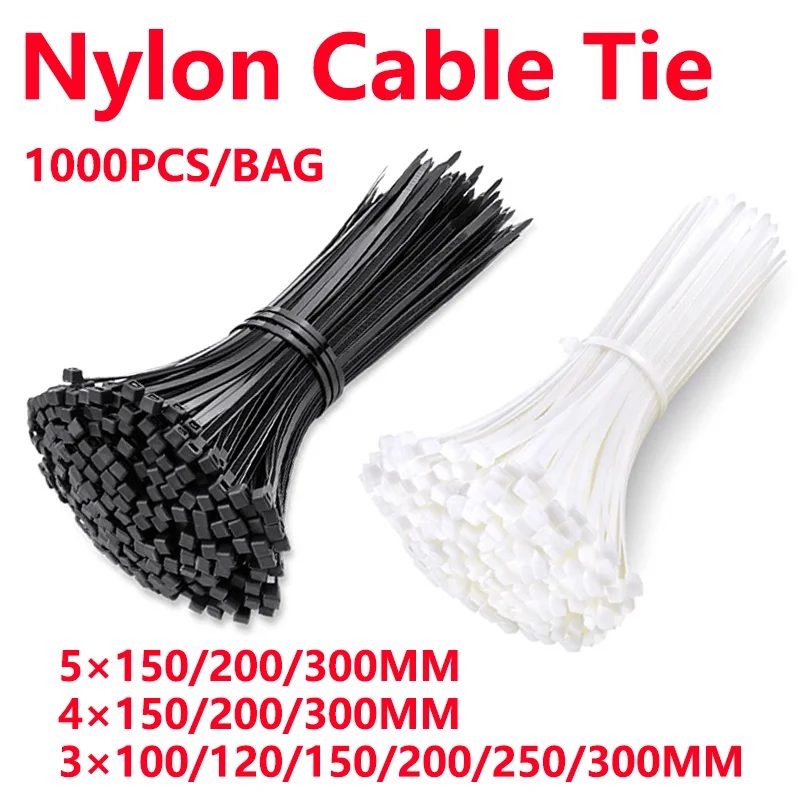 Reusable Cable Ties 1000Pcs Self-locking Plastic Nylon 5X300mm 3X200mm Zip Wraps Strap White/Black