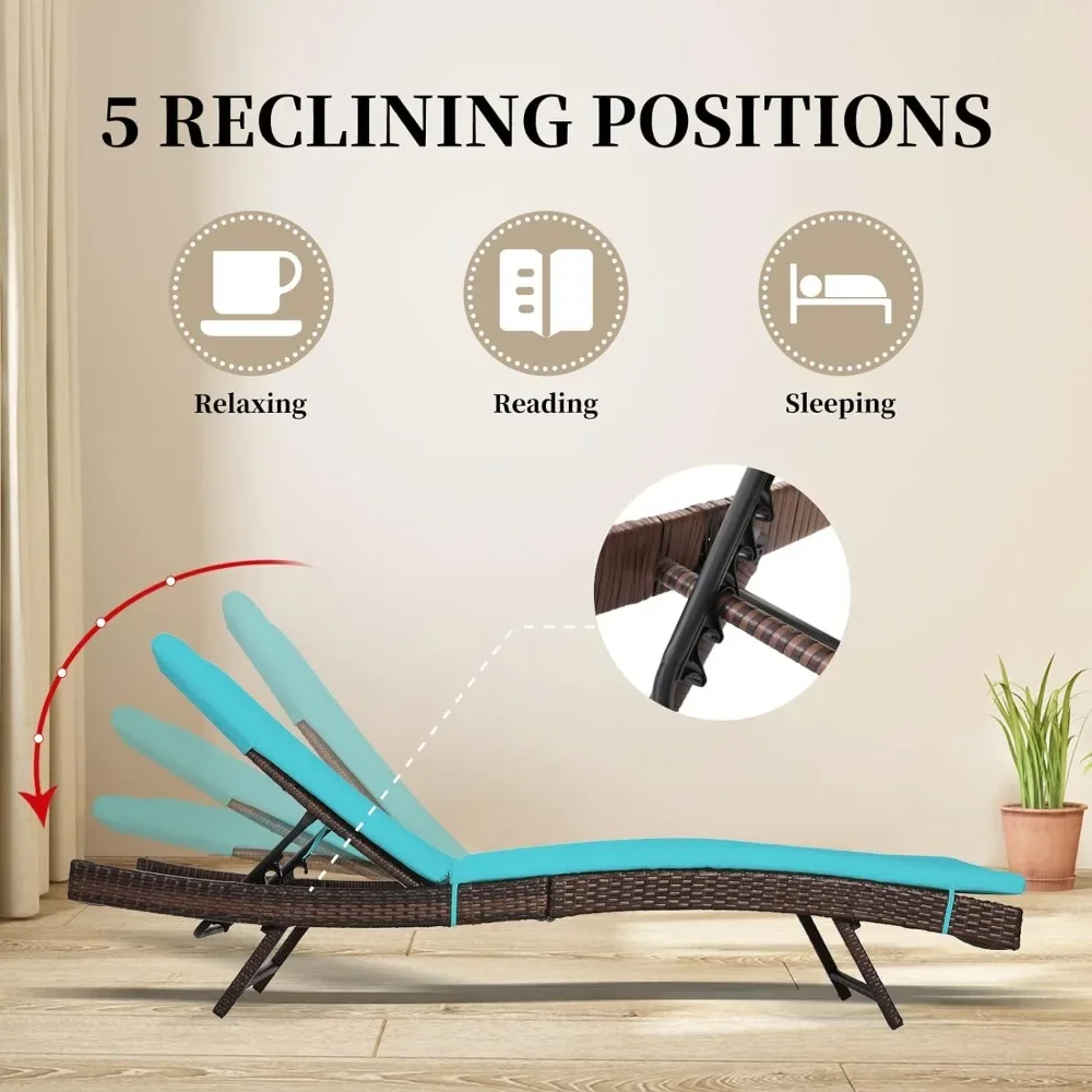 Garden chairs with removable blue cushions, pool loungers with adjustable backrests, garden reclining wicker loungers, balcony