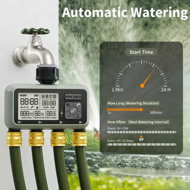 Diivoo Garden Water Timer 4 Zone Programmable Automatic Irrigation Timer with Rain Delay Manual/Auto Mode Watering for Lawn Yard 4